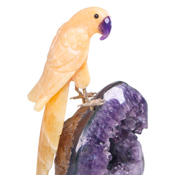 Animals: Orange Calcite Parrot on Amethyst Druse
